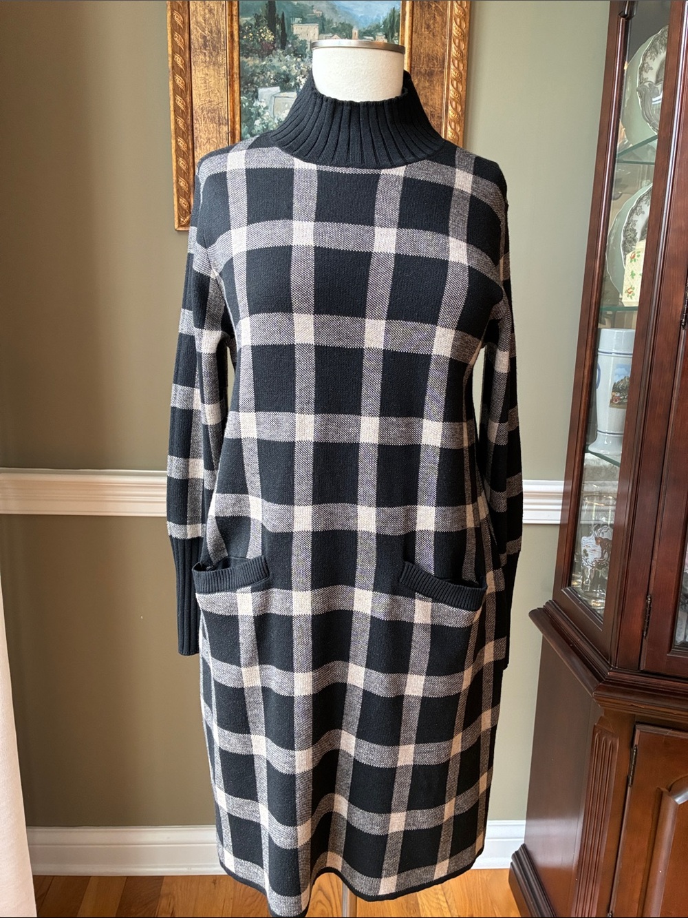 Tribal Jeans Black and Gray Plaid Turtleneck Sweater Dress Size Medium